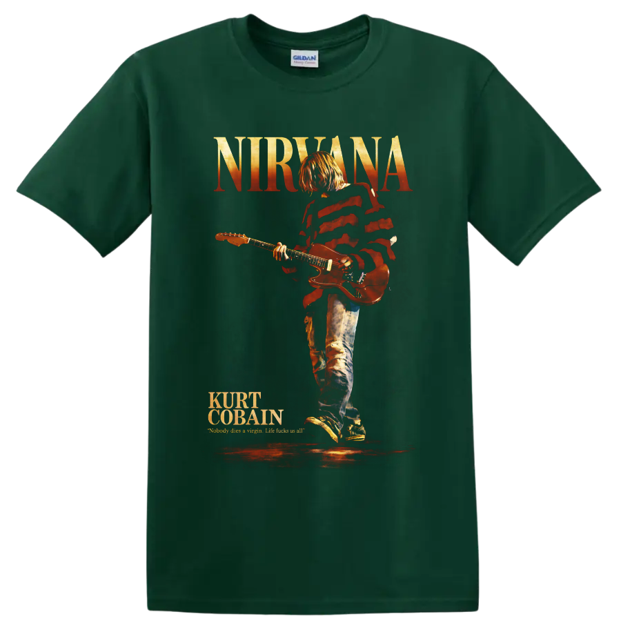 Kurt Cobain playing guitar beneath Nirvana text in distressed red concert poster style on a Forest Green T Shirt
