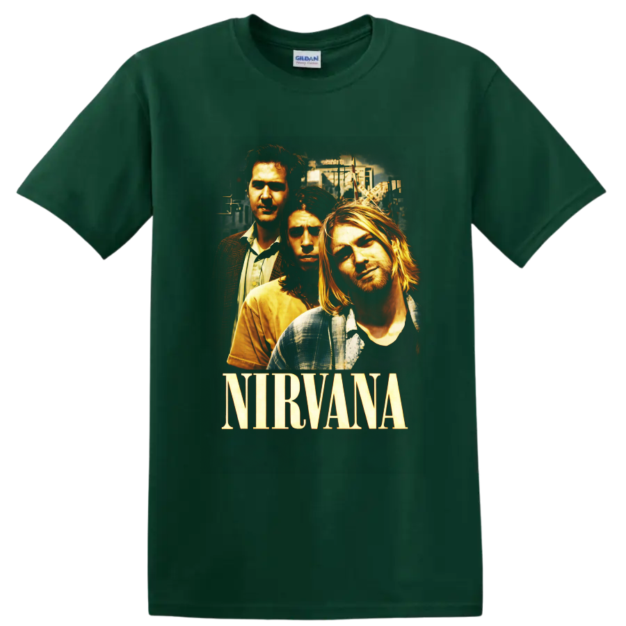 Nirvana portrait graphic with Kurt Cobain, Dave Grohl, Krist Novoselic, and band lettering on a Forest Green T Shirt