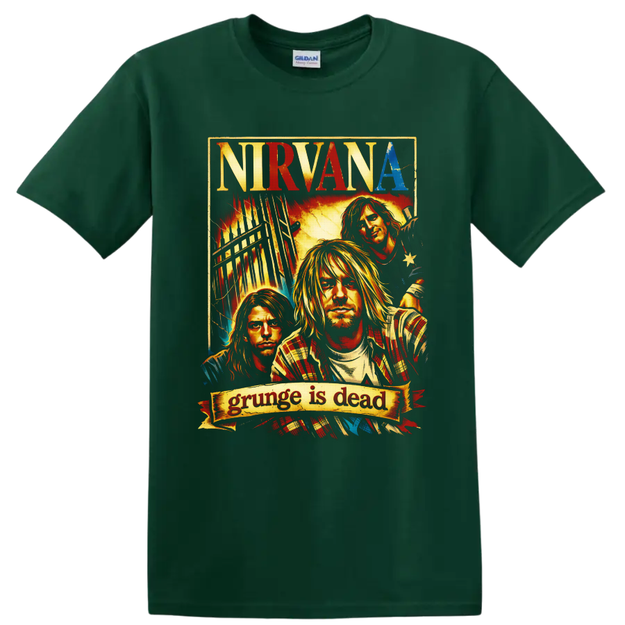Nirvana grunge poster portrait of Kurt Cobain, Dave Grohl, and Krist Novoselic on a Forest Green T Shirt