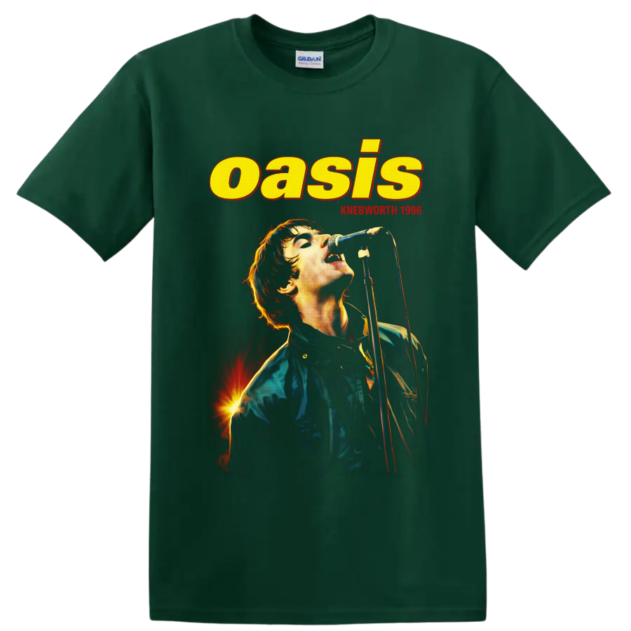 Liam Gallagher singing in Oasis Knebworth 1996 vintage concert poster design on a Forest Green T Shirt