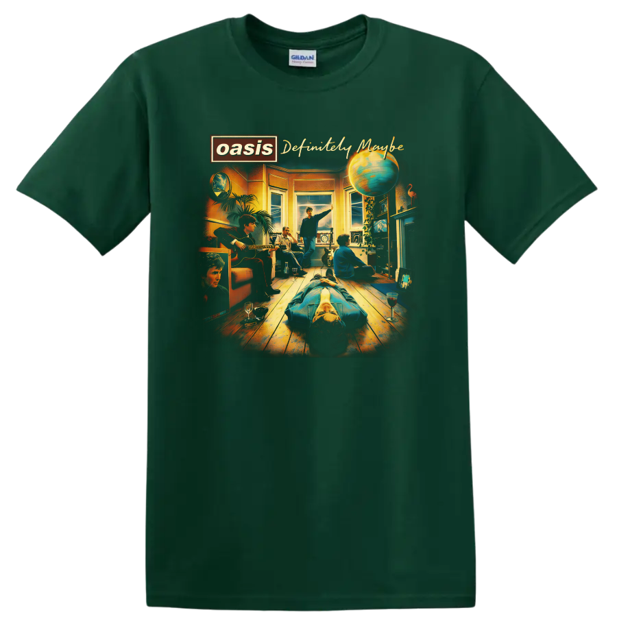 Oasis Definitely Maybe album cover illustration with band room scene and globe on a Forest Green T Shirt