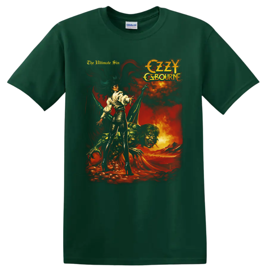 Ozzy Osbourne The Ultimate Sin gothic demon artwork with fiery vintage rock imagery on a Forest Green T Shirt