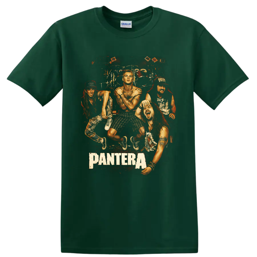 Illustrated Pantera band portrait with drums, concert lights, and Pantera text on a Forest Green T Shirt