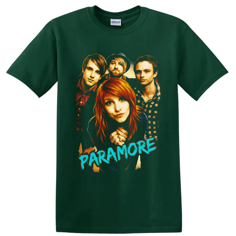 Paramore band portrait with Hayley Williams, Taylor York, Zac Farro, and blue lettering on a Forest Green T Shirt