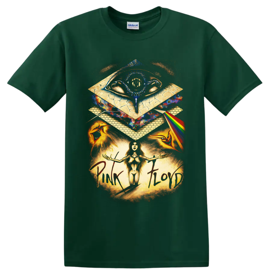 Pink Floyd-inspired psychedelic prism eye, rainbow beam, and surreal cosmic rock collage on a Forest Green T Shirt