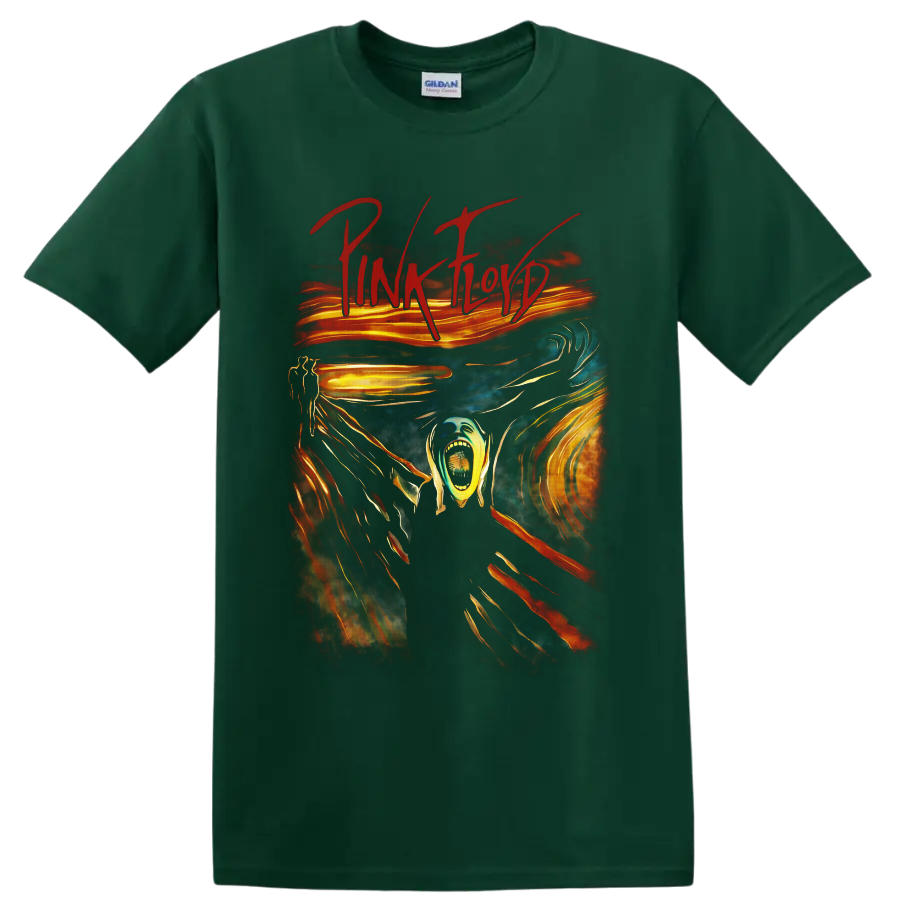 Pink Floyd The Wall-inspired screaming figure in surreal psychedelic rock art on a Forest Green T Shirt