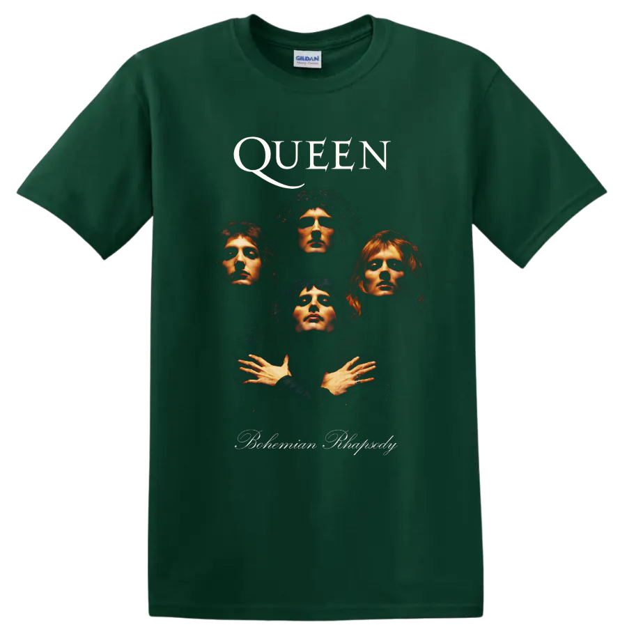Queen Bohemian Rhapsody four-member portrait graphic with dramatic rock lighting on a Forest Green T Shirt
