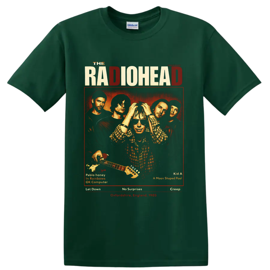 Radiohead band portrait poster with Thom Yorke, guitar, distressed lettering, and song on a Forest Green T Shirt