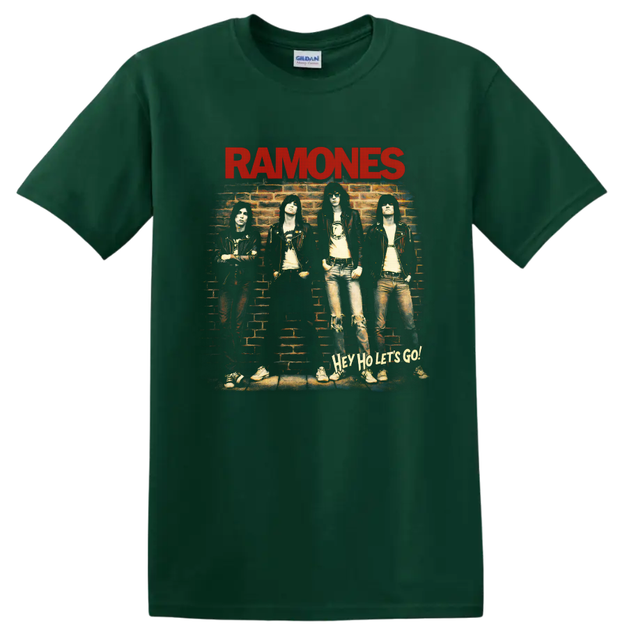 Ramones punk rock brick wall band portrait with red logo and Hey Ho Let’s Go text on a Forest Green T Shirt