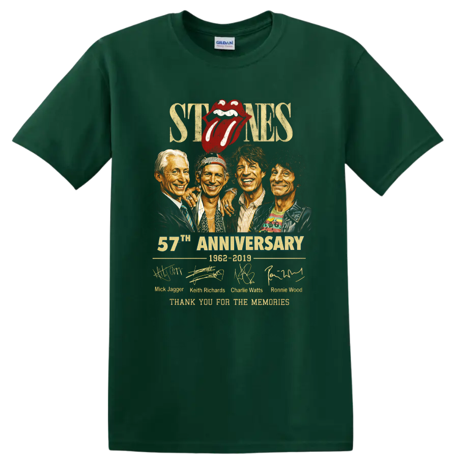 Rolling Stones anniversary portraits with red tongue logo, signatures, and 1962-2019 text on a Forest Green T Shirt