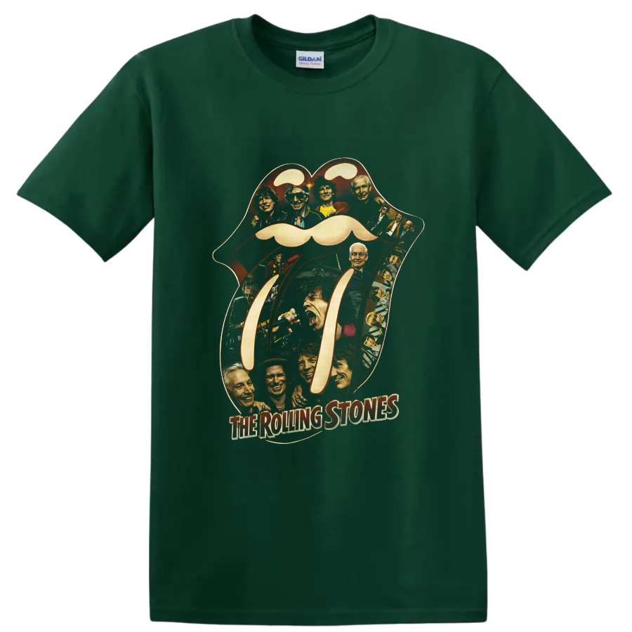 Rolling Stones tongue-and-lips logo collage with vintage band portraits on a Forest Green T Shirt
