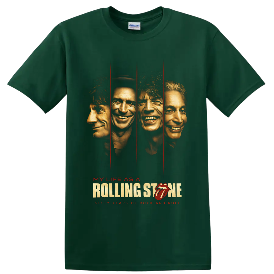 Rolling Stones My Life as a Rolling Stone four-portrait rock graphic with red panels on a Forest Green T Shirt