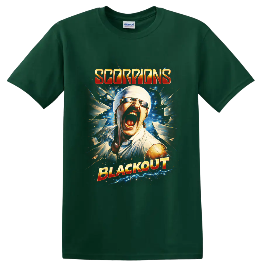 Scorpions Blackout screaming man shattered glass rock artwork with electric blue sparks on a Forest Green T Shirt
