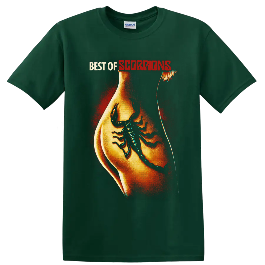 Scorpions Best of lettering above a tattoo-style torso with a large scorpion on a Forest Green T Shirt