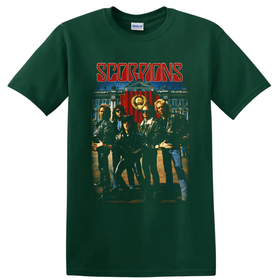 Scorpions band portrait with Soviet palace backdrop and distressed red lettering on a Forest Green T Shirt