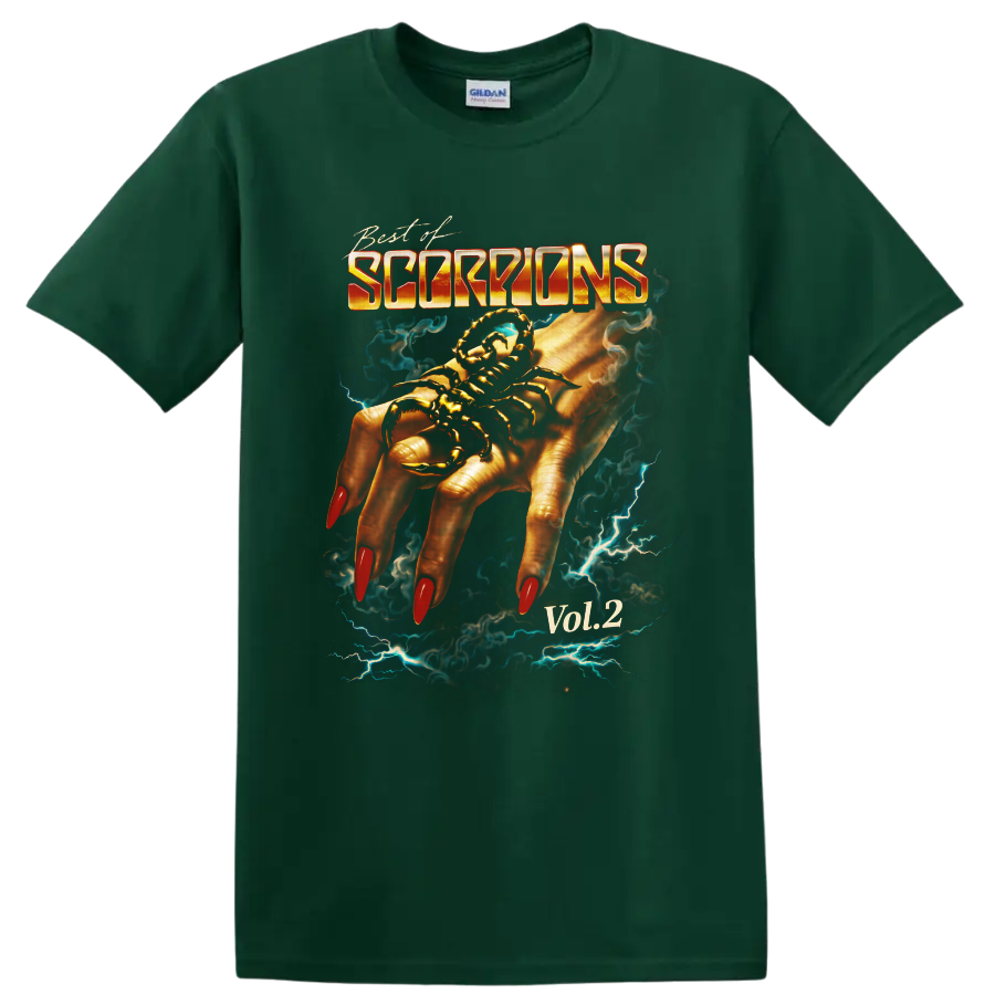Scorpions Best of Vol. 2 scorpion hand graphic with lightning and smoke on a Forest Green T Shirt