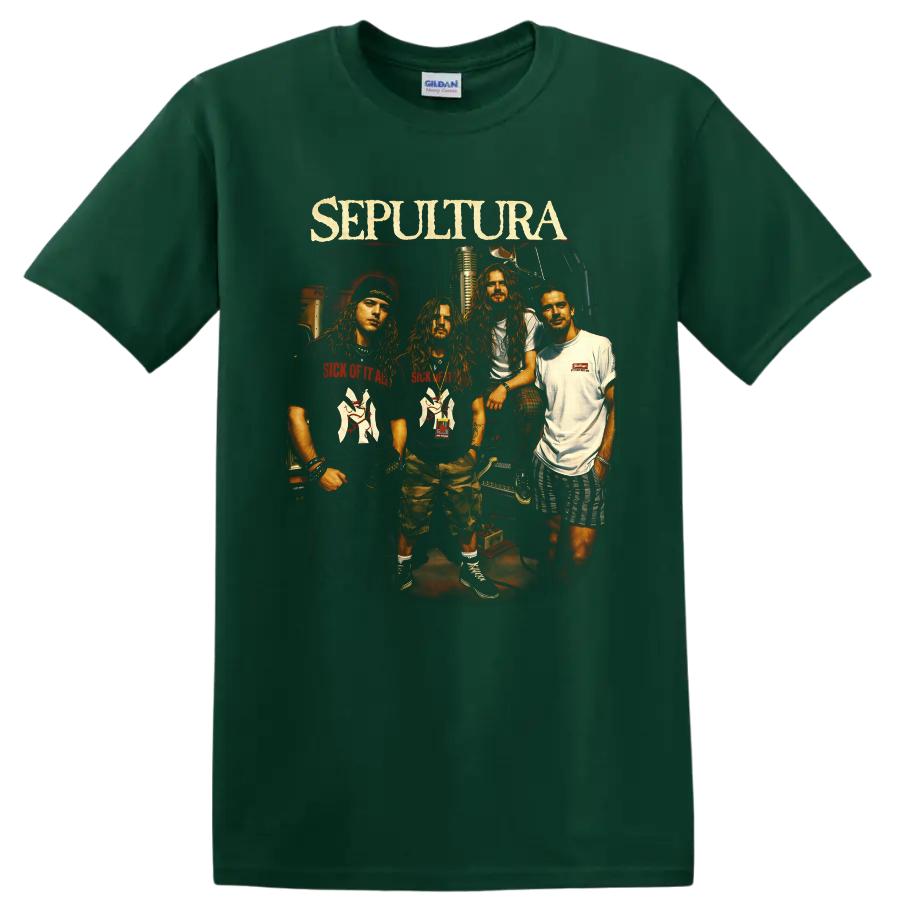 Sepultura band portrait with Max Cavalera, vintage microphone, and distressed logo on a Forest Green T Shirt