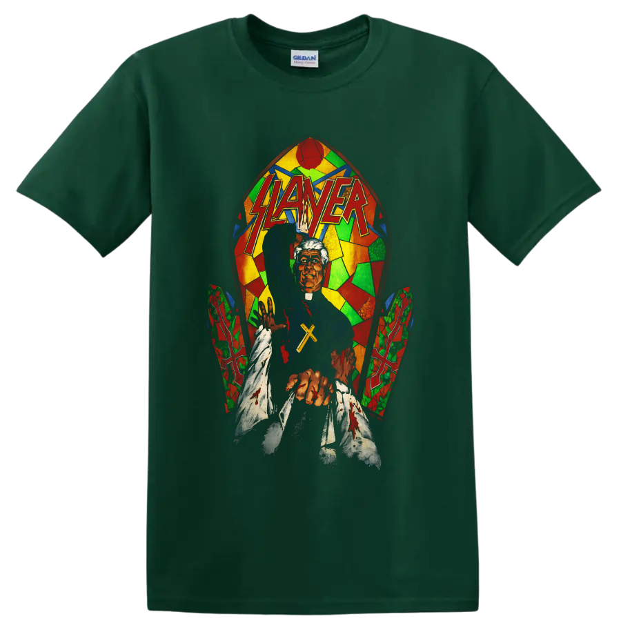 Slayer logo over gothic priest with cross, bloody hands, and colorful stained-glass art on a Forest Green T Shirt