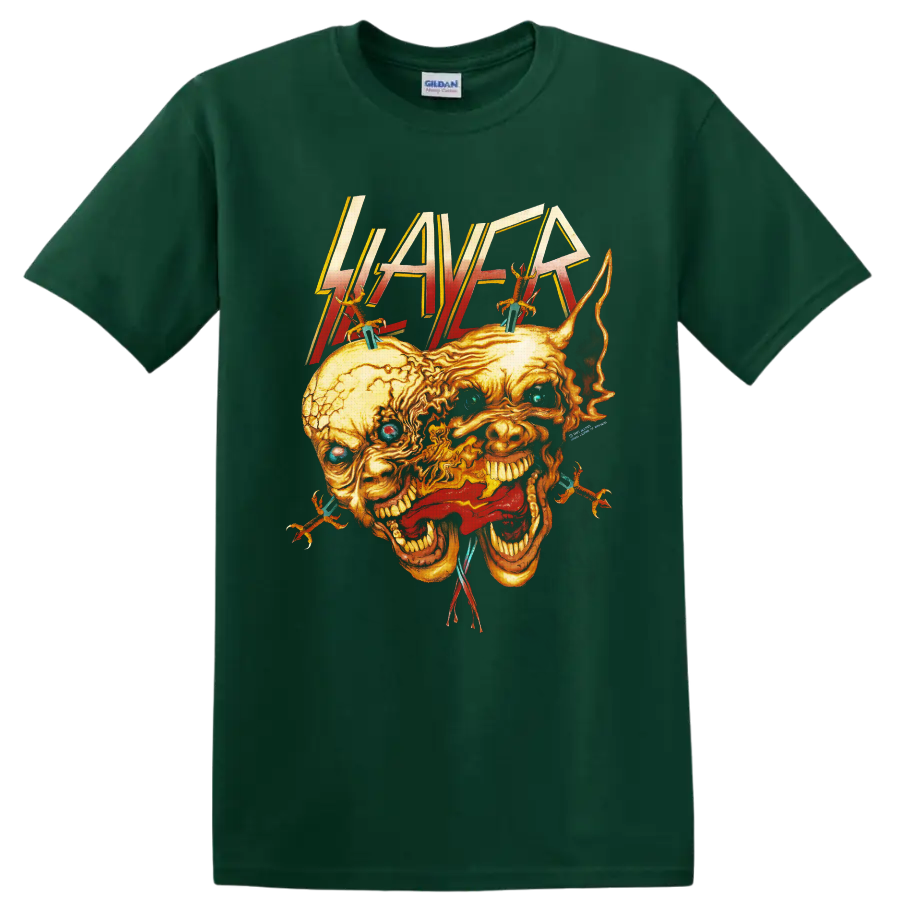 Slayer logo above fiery fused screaming skulls with spikes, wires, and blue eyes on a Forest Green T Shirt