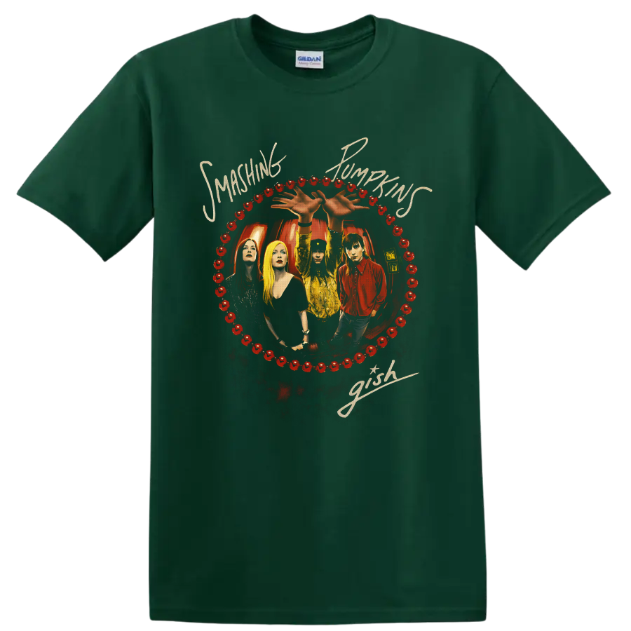 Smashing Pumpkins Gish band portrait with red pumpkin border and cream script lettering on a Forest Green T Shirt