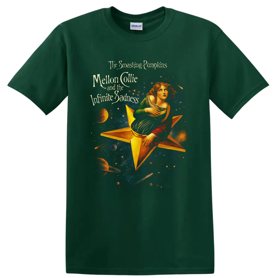 Mellon Collie celestial star maiden with galaxy, planets, and ornate band lettering on a Forest Green T Shirt