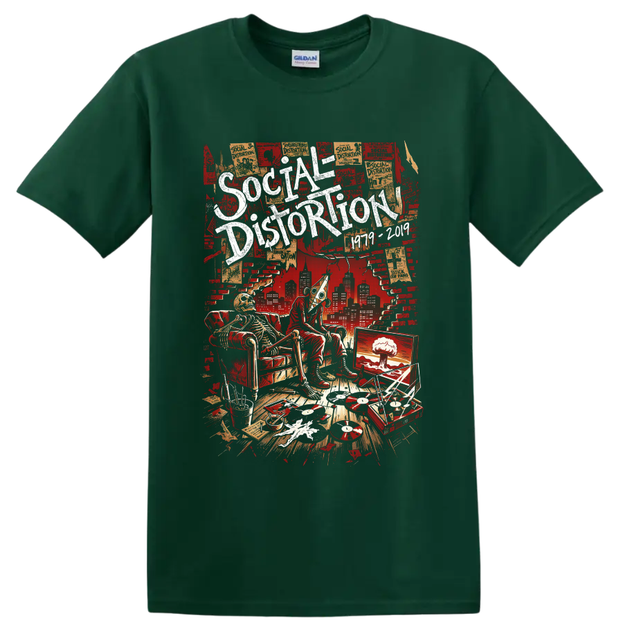 Social Distortion distressed punk poster with skeleton, vinyl records, turntable, and on a Forest Green T Shirt
