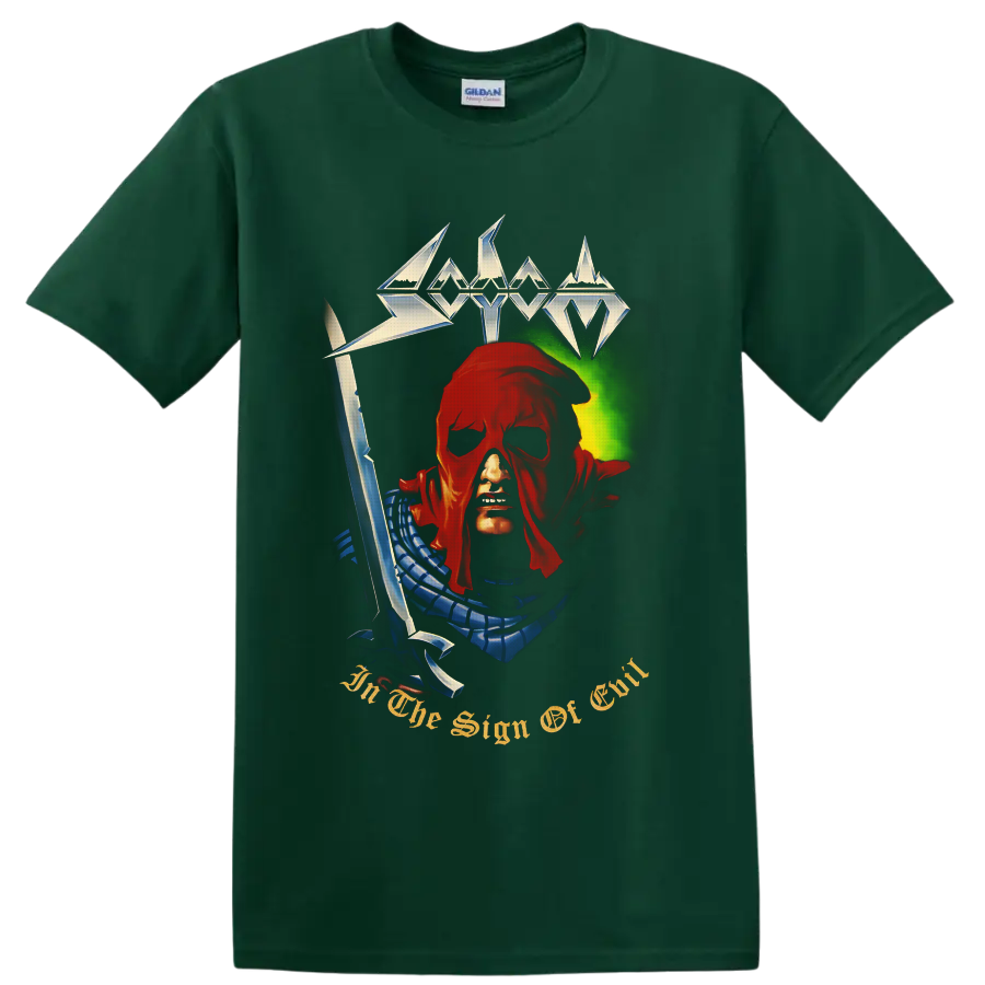 Sodom In the Sign of Evil hooded figure with sword and metallic logo artwork on a Forest Green T Shirt
