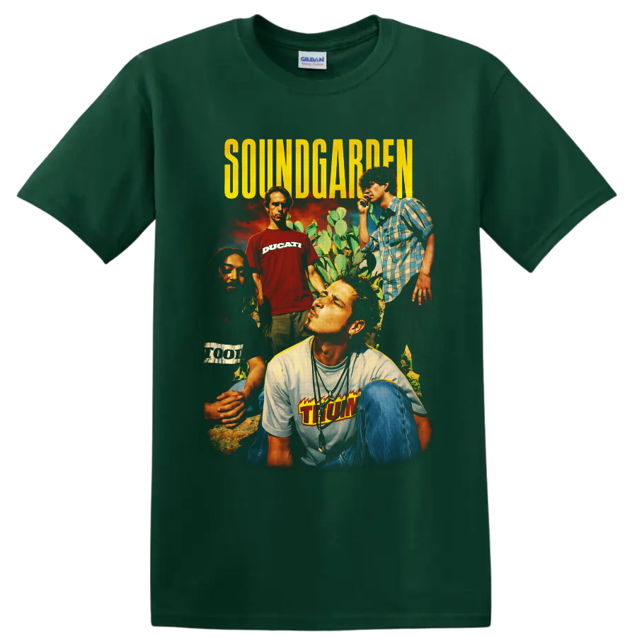 Soundgarden four-member desert portrait collage with distressed yellow lettering on a Forest Green T Shirt