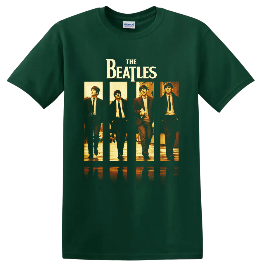 The Beatles four-panel warm-toned portraits with bold band lettering on a Forest Green T Shirt