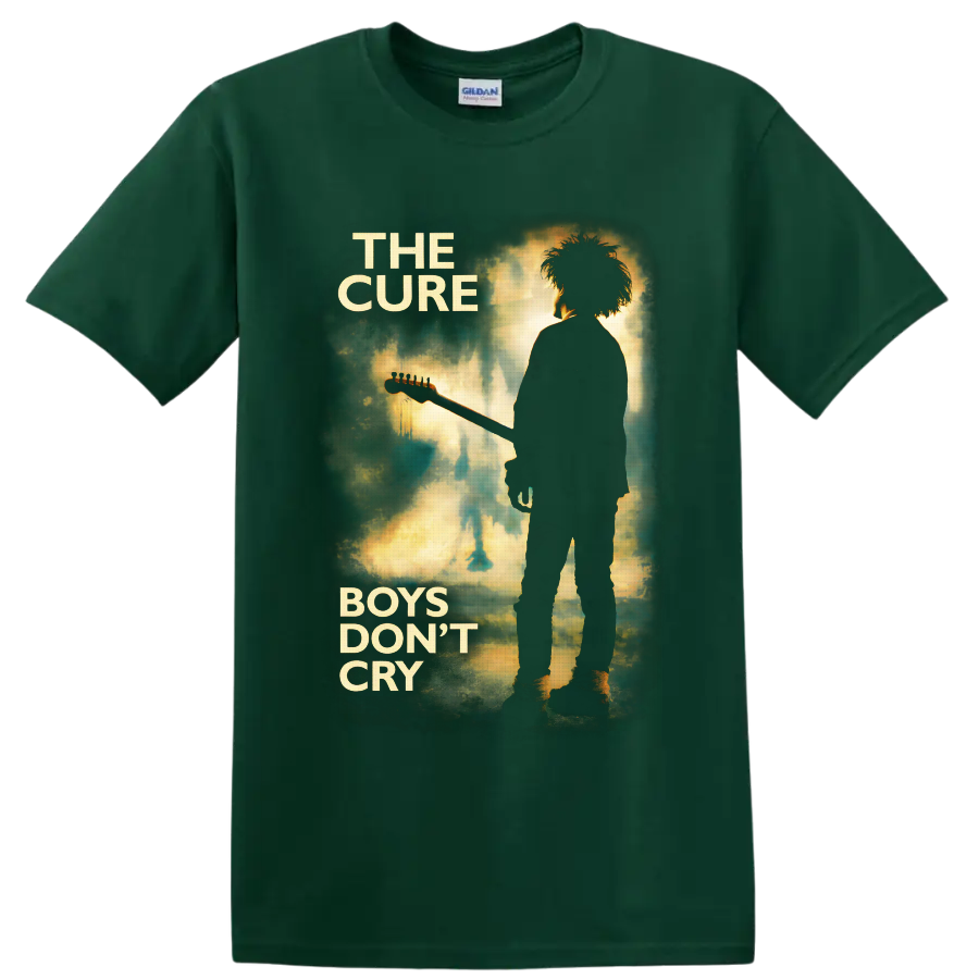 The Cure Boys Don't Cry guitarist silhouette in distressed teal and gold poster art on a Forest Green T Shirt