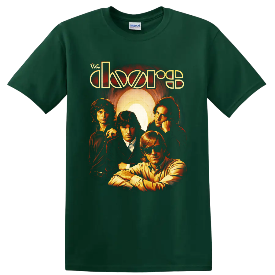 The Doors four-member retro portrait with glowing arch and stylized band lettering on a Forest Green T Shirt