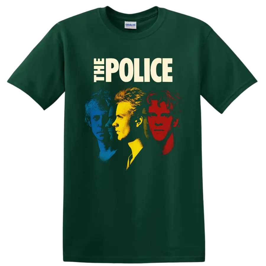 The Police portraits of Sting, Andy Summers, and Stewart Copeland in distressed pop art on a Forest Green T Shirt