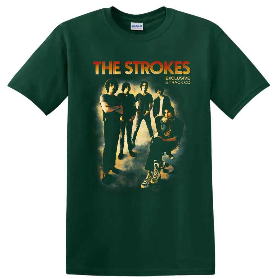 The Strokes group portrait with orange lettering in a smoky vintage rock poster style on a Forest Green T Shirt