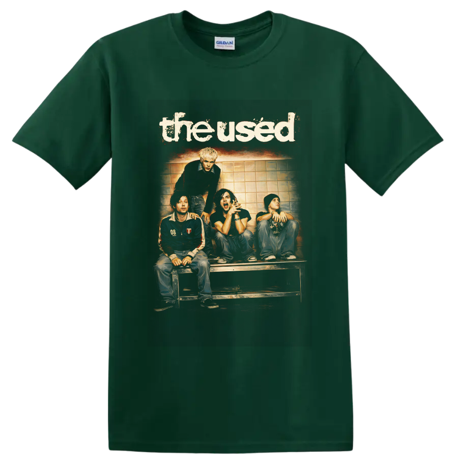 The Used four-member rock band portrait with distressed lettering and warm vintage photo on a Forest Green T Shirt