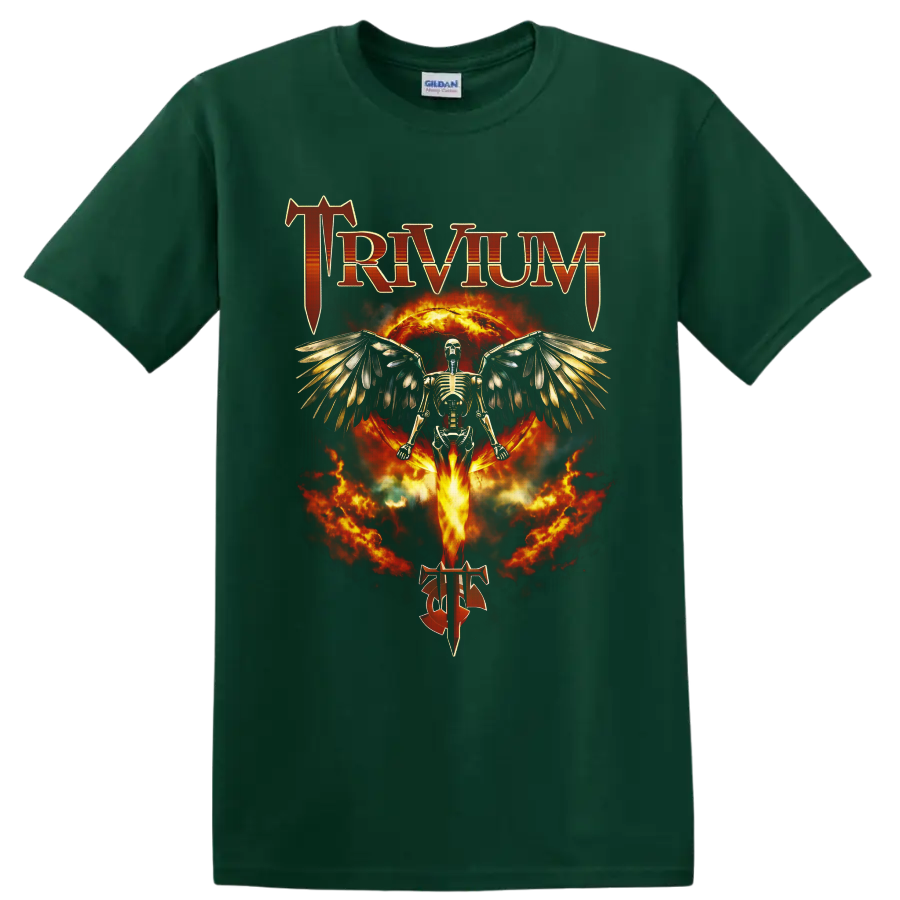 Trivium winged skeleton with fiery Ascendancy-inspired gothic artwork on a Forest Green T Shirt