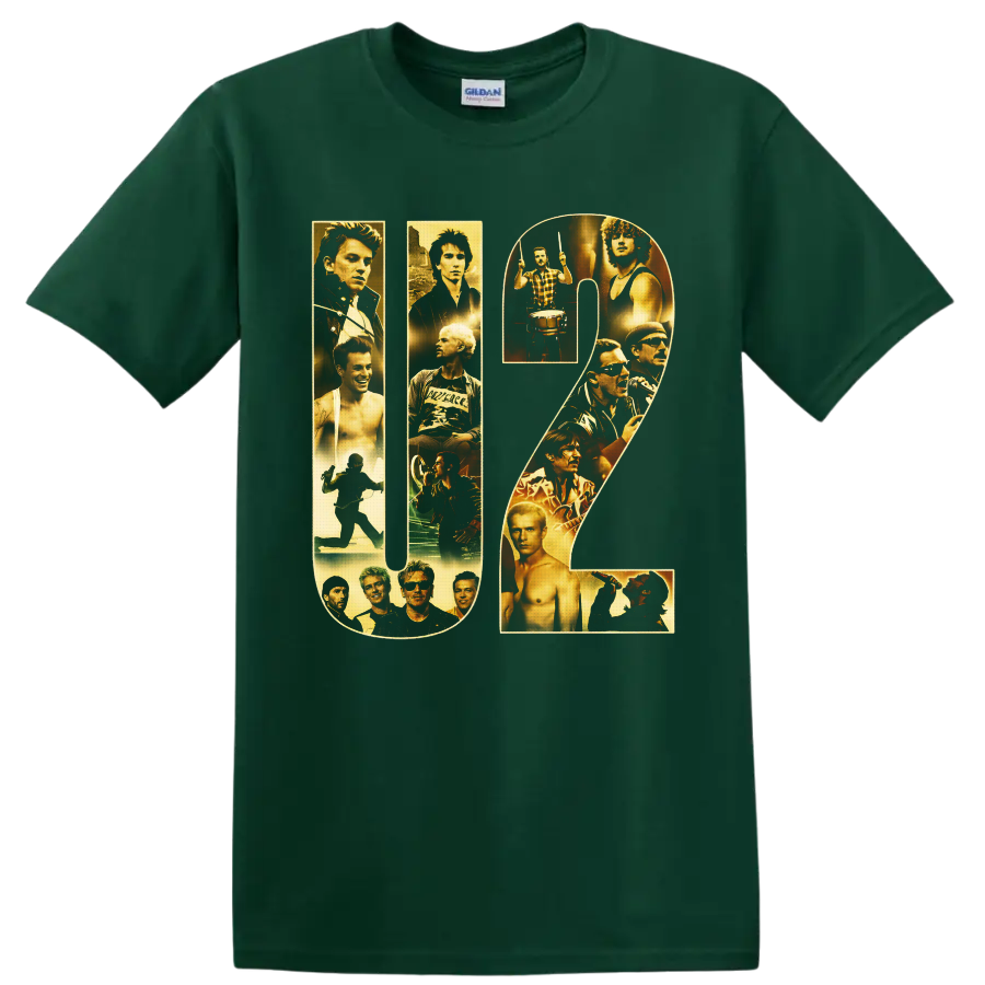 U2 letterforms filled with gold-toned band portraits, drummer, singer, and stage imagery on a Forest Green T Shirt