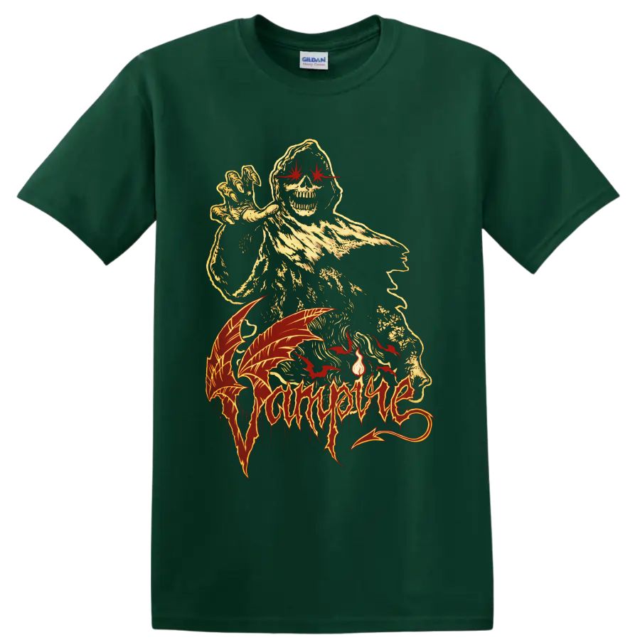 Vampire hooded skeleton with red bats and distressed gothic horror artwork on a Forest Green T Shirt