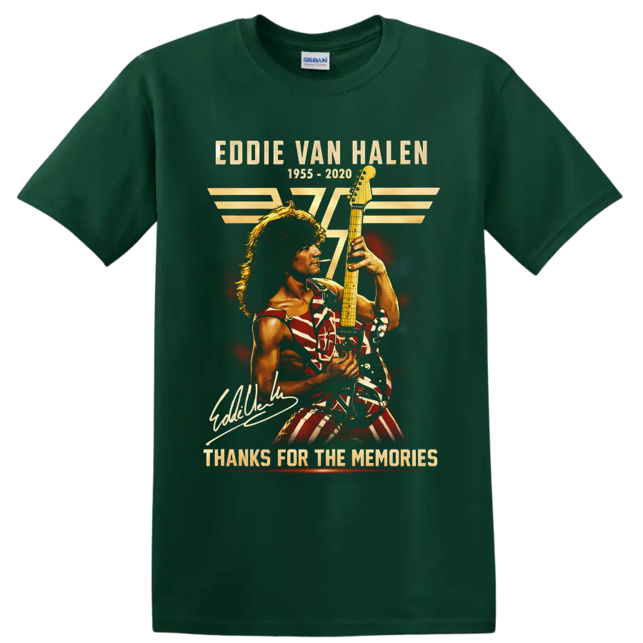 Eddie Van Halen memorial guitarist graphic with 1955–2020 and Thanks for the Memories on a Forest Green T Shirt