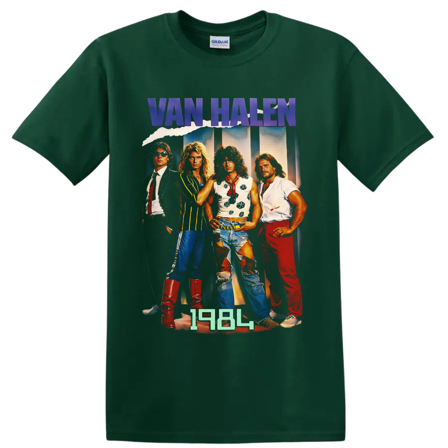 Van Halen 1984-era four-member rock band portrait with purple logo lettering on a Forest Green T Shirt
