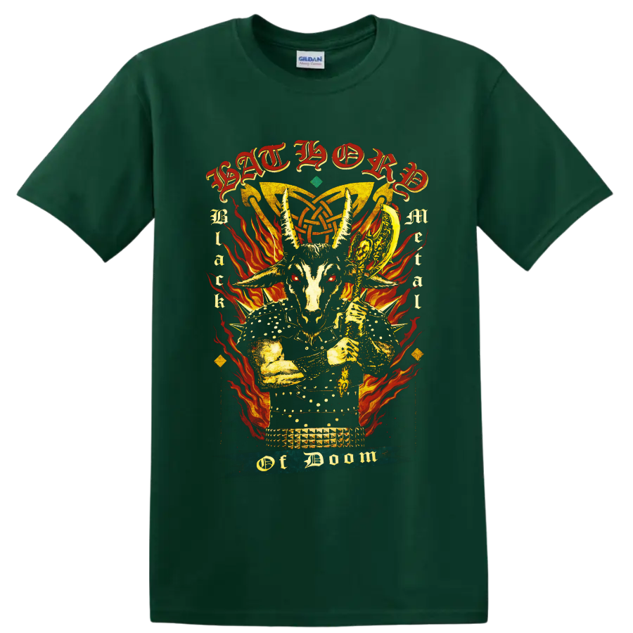 Bathory goat skull warrior with flames, occult knotwork, and gothic lettering on a Forest Green T Shirt
