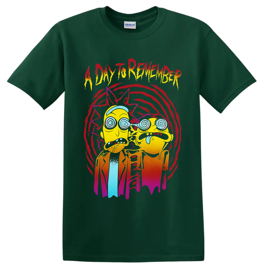 Rick and Morty trippy cartoon art with A Day To Remember distressed lettering on a Forest Green T Shirt