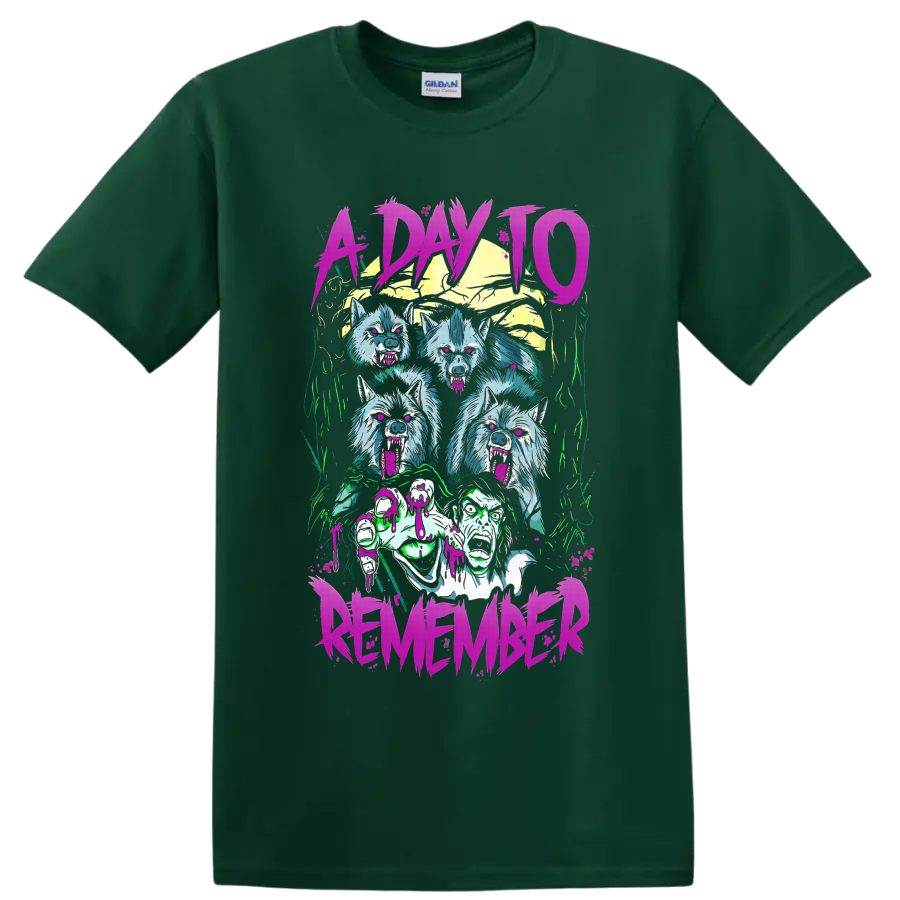 A Day To Remember neon horror graphic with snarling wolves, screaming faces, and pink on a Forest Green T Shirt