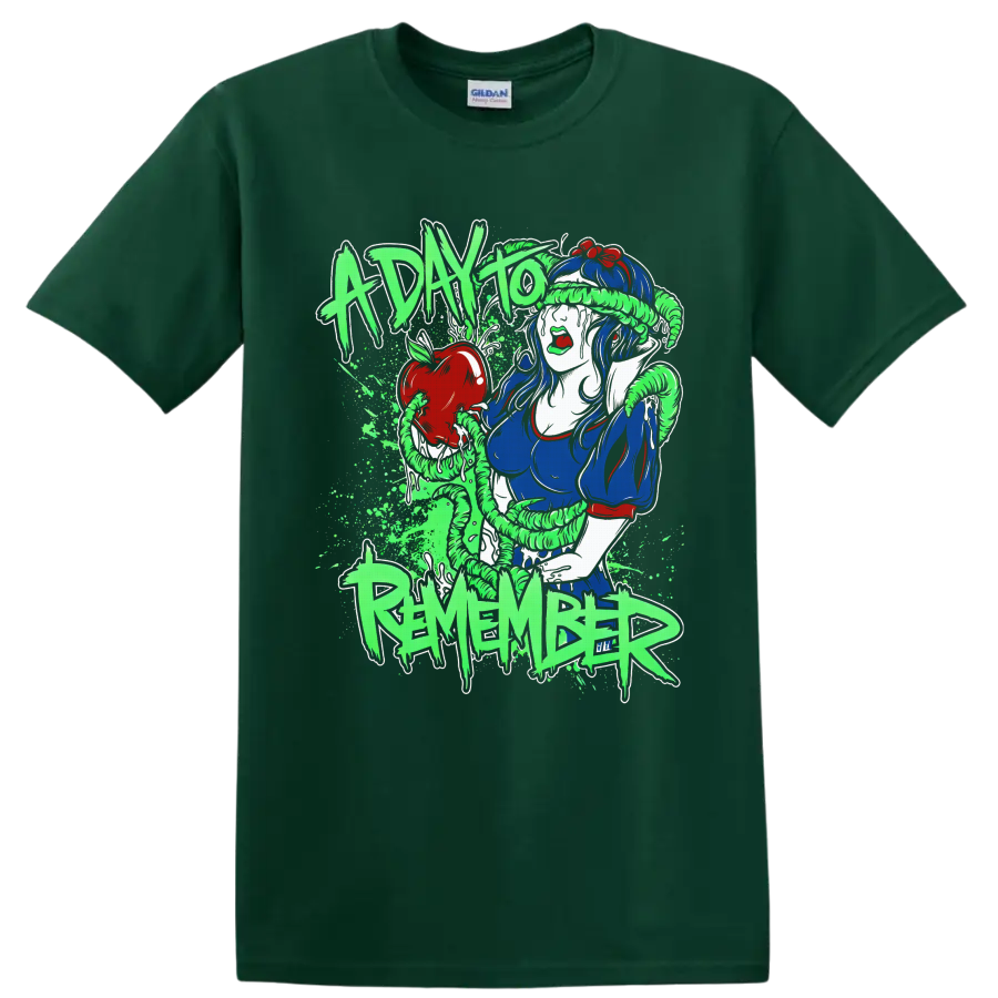 Snow White with red apple and green coils in A Day To Remember metalcore art on a Forest Green T Shirt