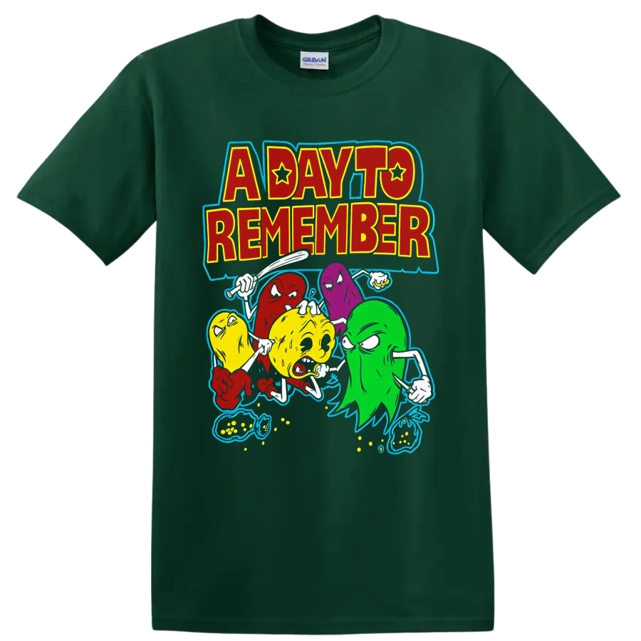 A Day To Remember lettering with colorful cartoon ghosts and distressed music art on a Forest Green T Shirt