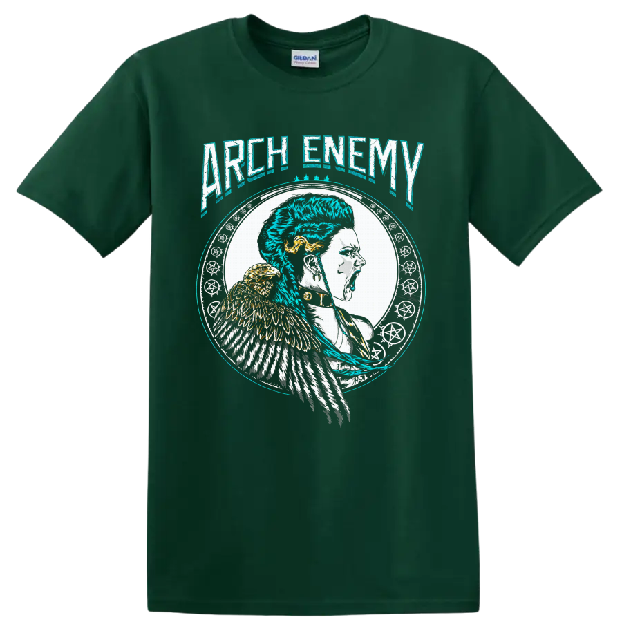 Arch Enemy Alissa White-Gluz warrior portrait with eagle and distressed gothic art on a Forest Green T Shirt