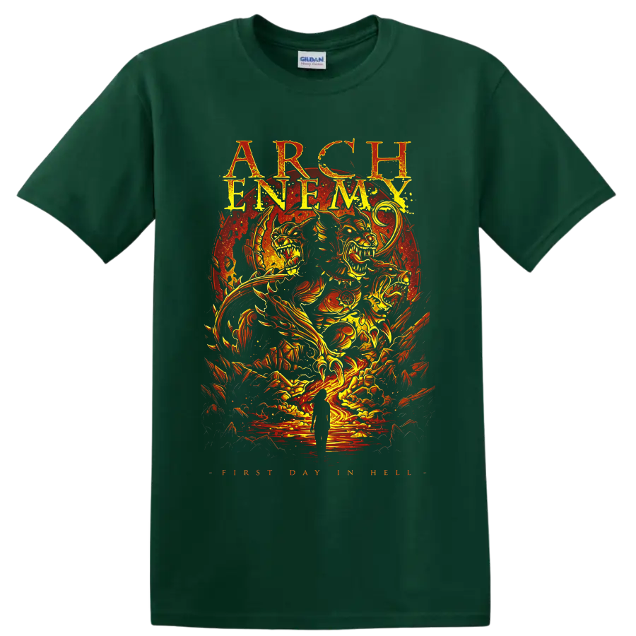 Arch Enemy First Day in Hell fiery skull creatures and distressed metal concert art on a Forest Green T Shirt