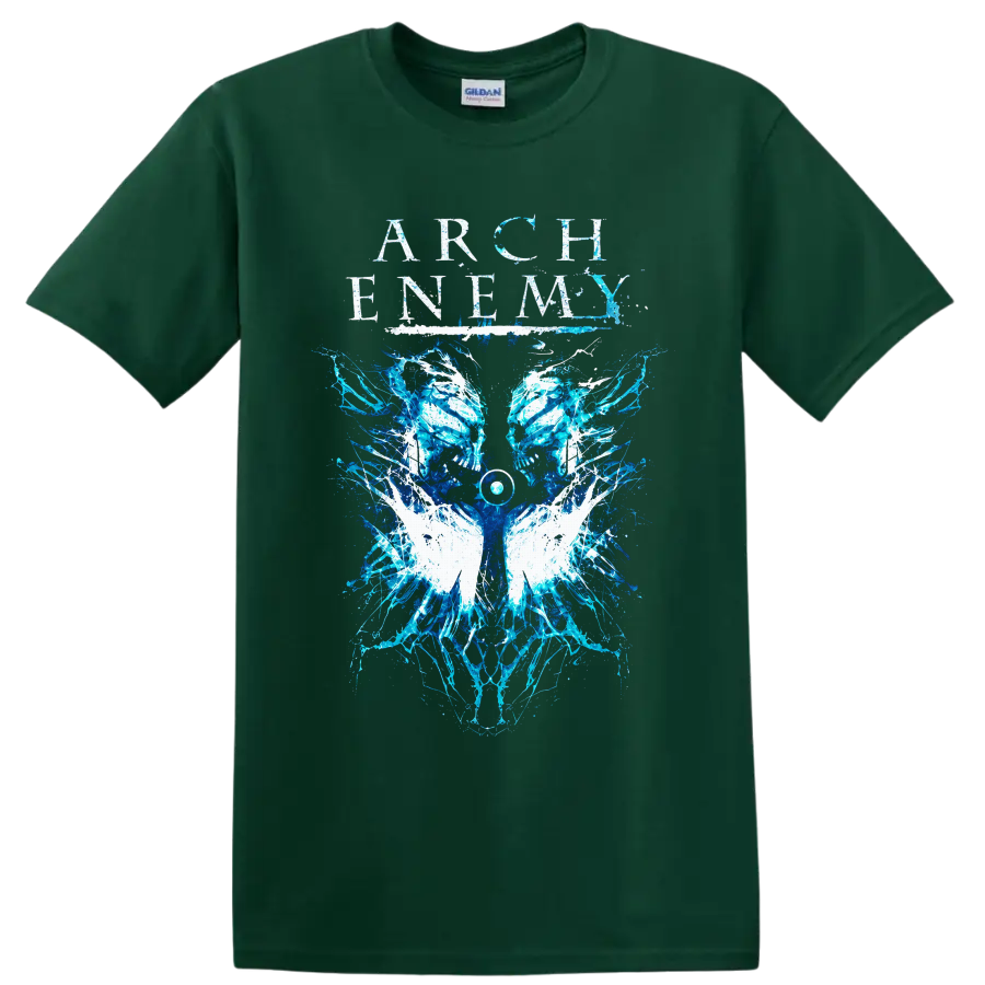 Arch Enemy distressed lettering above mirrored blue skulls, white wings, and electric on a Forest Green T Shirt