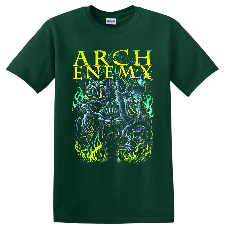 Arch Enemy neon horned skeleton, skull, flames, and distressed lettering graphic on a Forest Green T Shirt