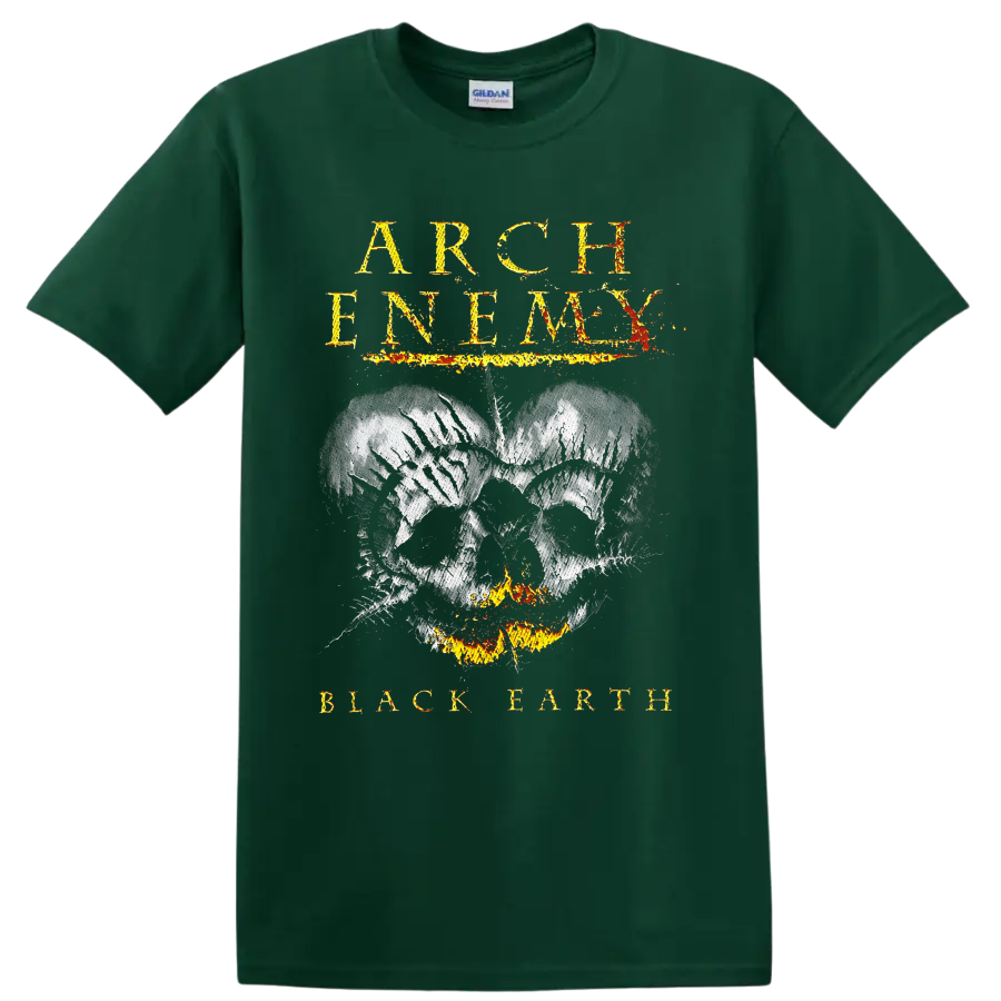 Arch Enemy Black Earth distressed skull with flames and fiery gothic lettering on a Forest Green T Shirt