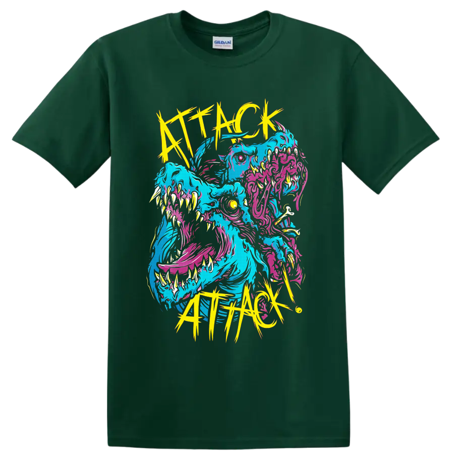 Attack Attack! neon multi-headed monster in cyan, pink, and yellow jagged horror art on a Forest Green T Shirt